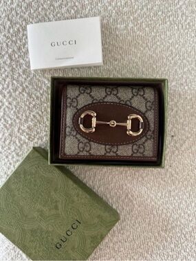 Gucci Beige GG Canvas and Brown Leather Card Wallet with Gold Horsebit